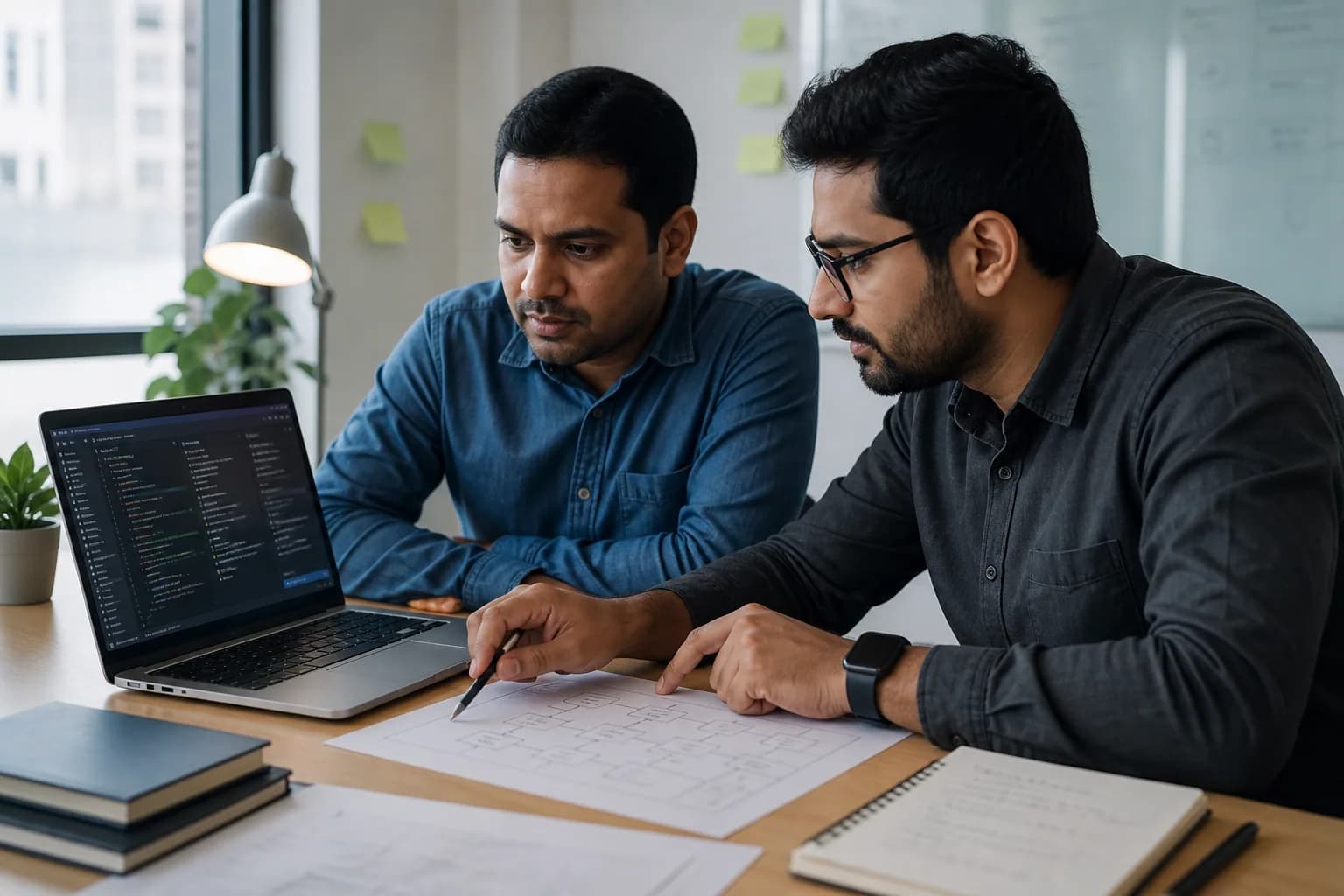 Two Indian software professionals reviewing code and an architecture plan